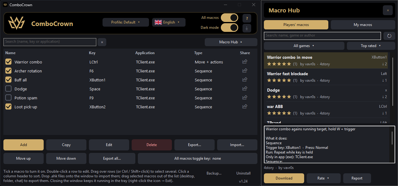 ComboCrown with the Macro Hub panel